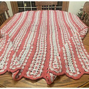 Blanket Afghan Knit / Crocheted w/ Ribbon Rose/Pink & Gray 48”X68” Granny Core